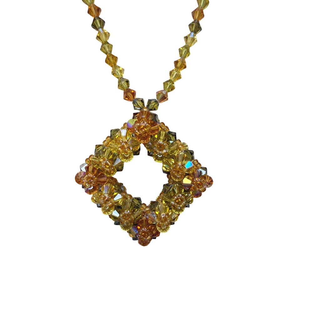 Amber Crystal Beaded Geometric Statement Necklace Handmade Vintage Style Honey